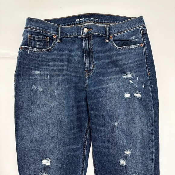 Old Navy Mid Rise Boyfriend Distressed Women's size 12 Dark Wash Blue Denim Jean - Picture 2 of 5